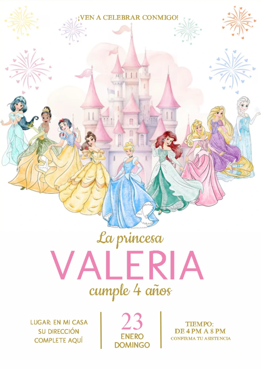 Invitación de Cumpleaños Princesas Disney para Editar Online