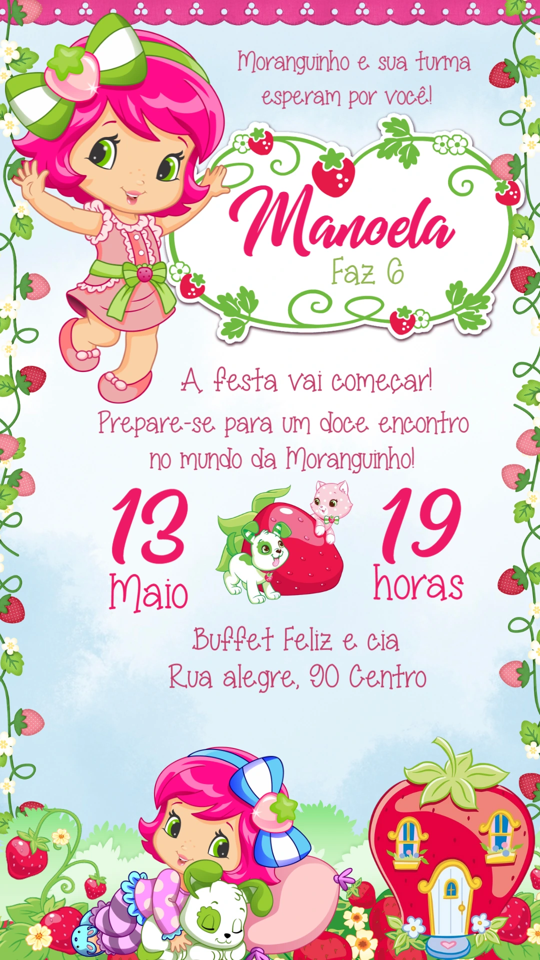 Convite de Aniversário Moranguinho Rosa e Verde Editável