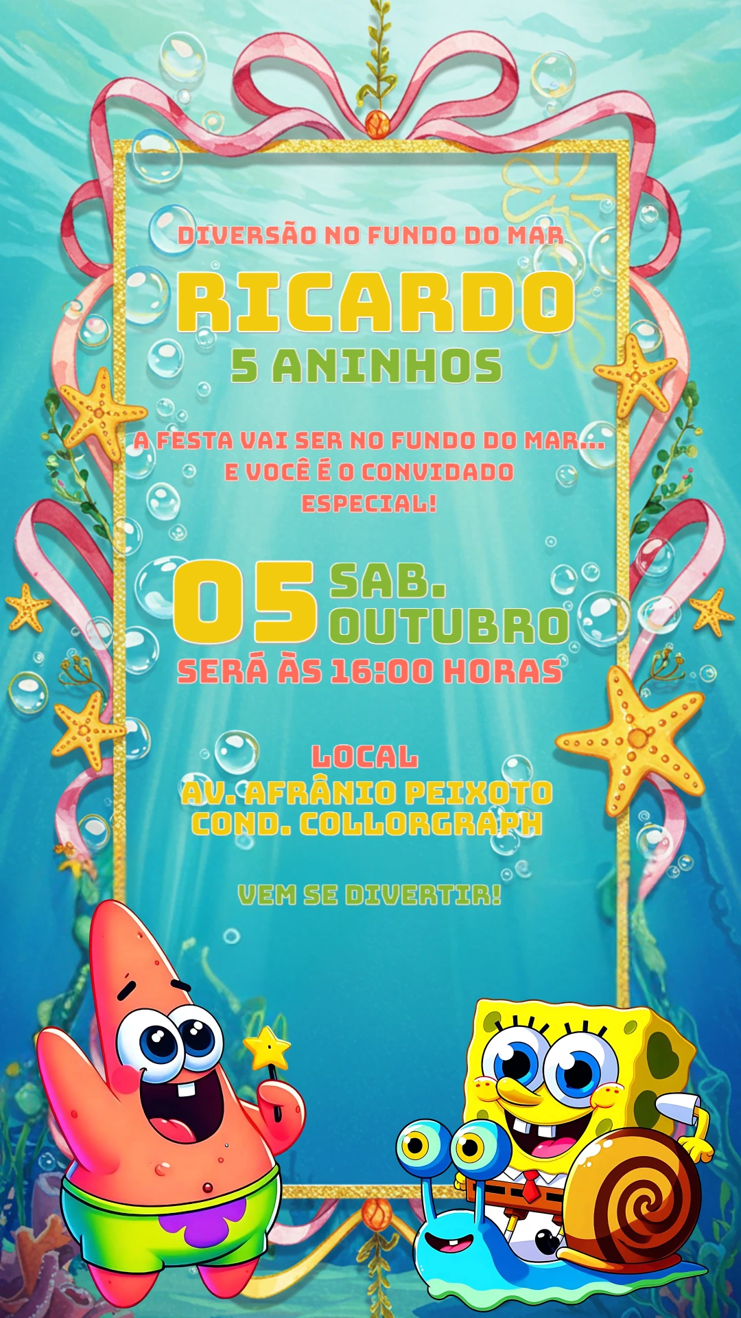 Convite Aniversário Bob Esponja para Editar Online