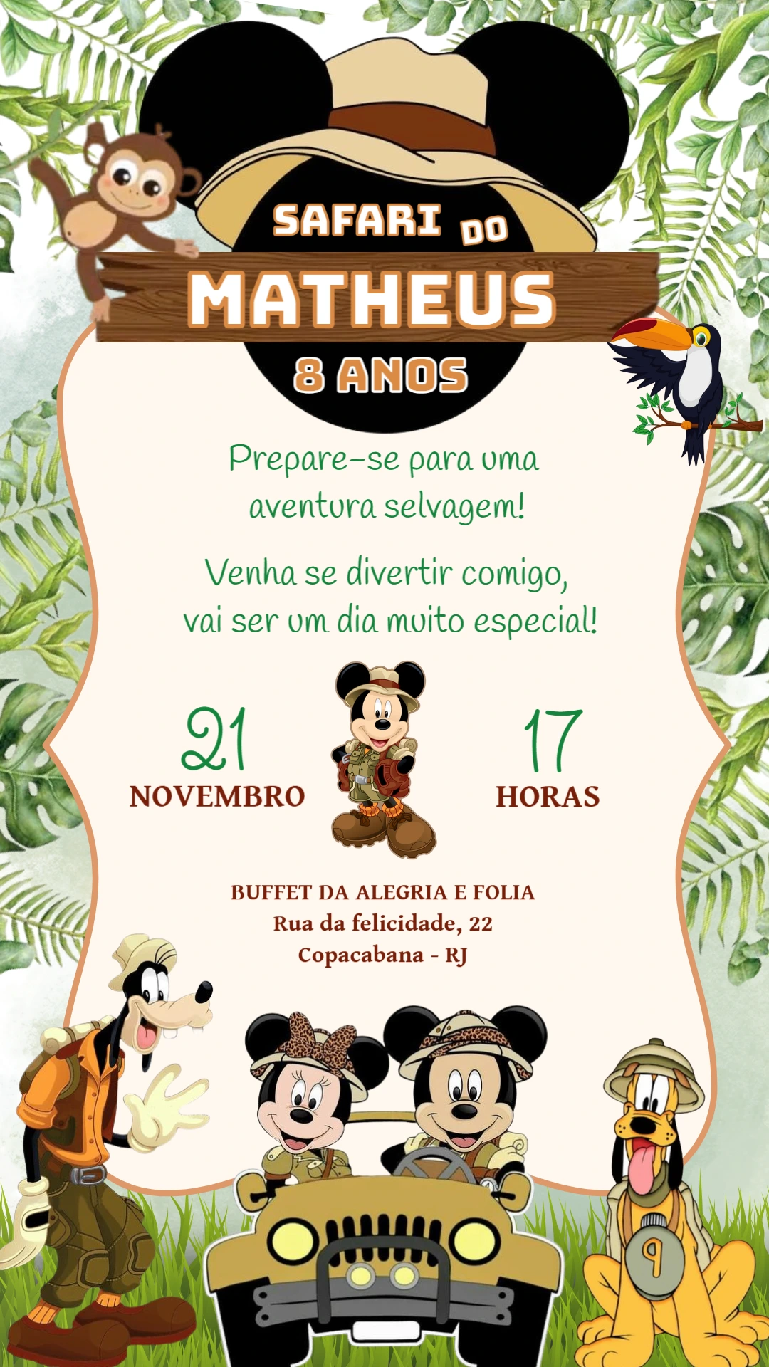 Convite de Aniversário Mickey Safari na Selva para Editar
