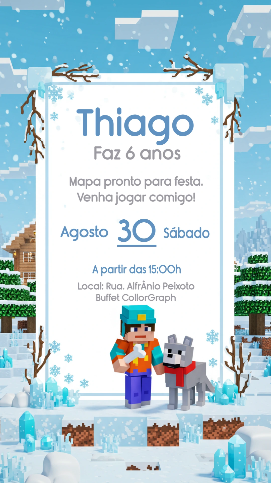 Convite de Aniversário Minecraft Neve para Editar Online