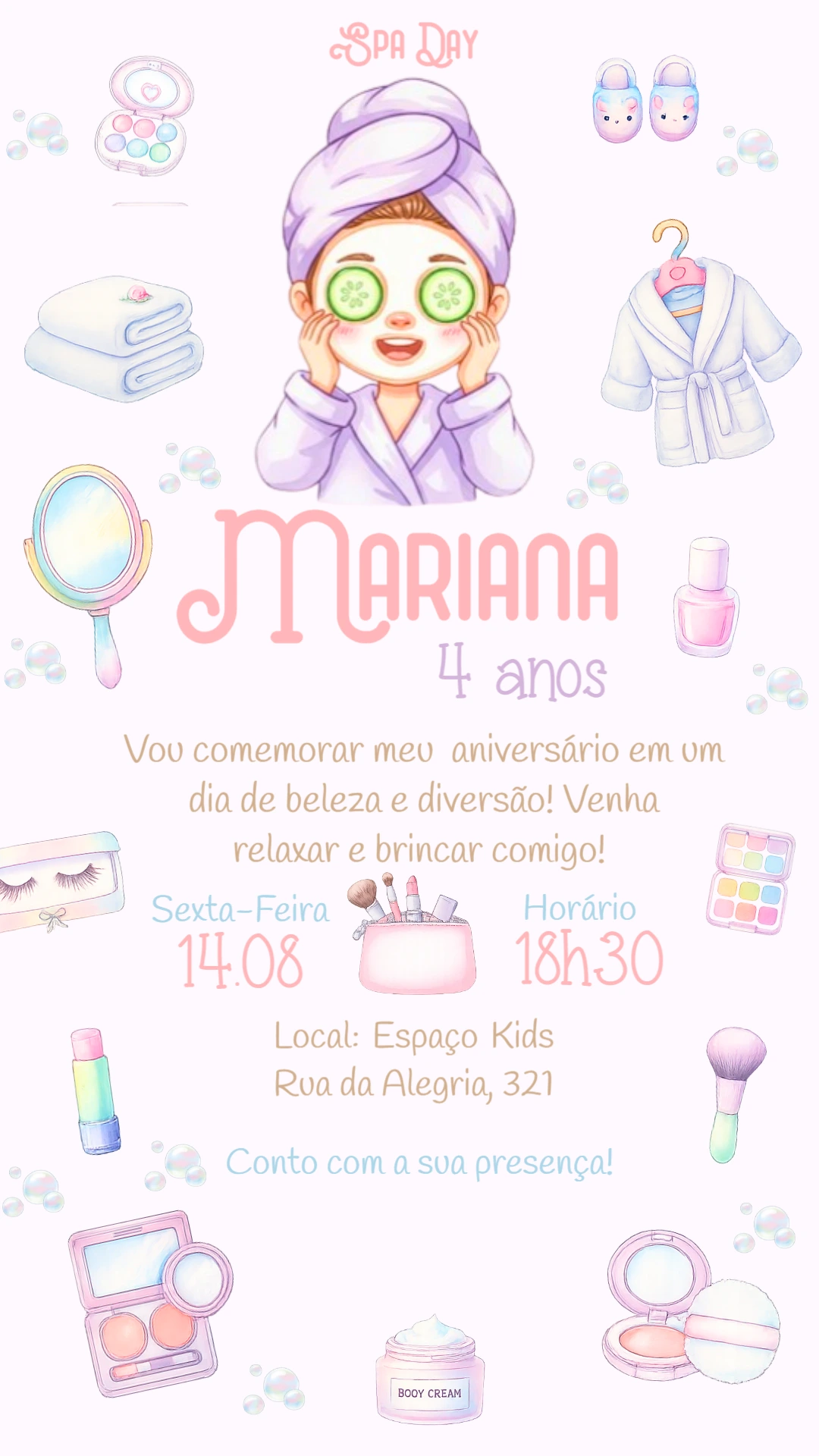 Convite de Aniversário Spa Day Menina para Editar Online