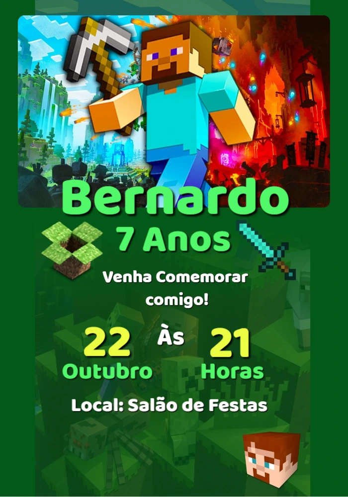 Convite Minecraft Editável Online para Festa de Aniversário