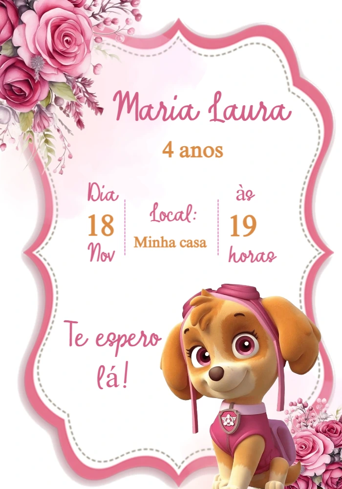 Convite Aniversário Skye Patrulha Canina para Editar Online