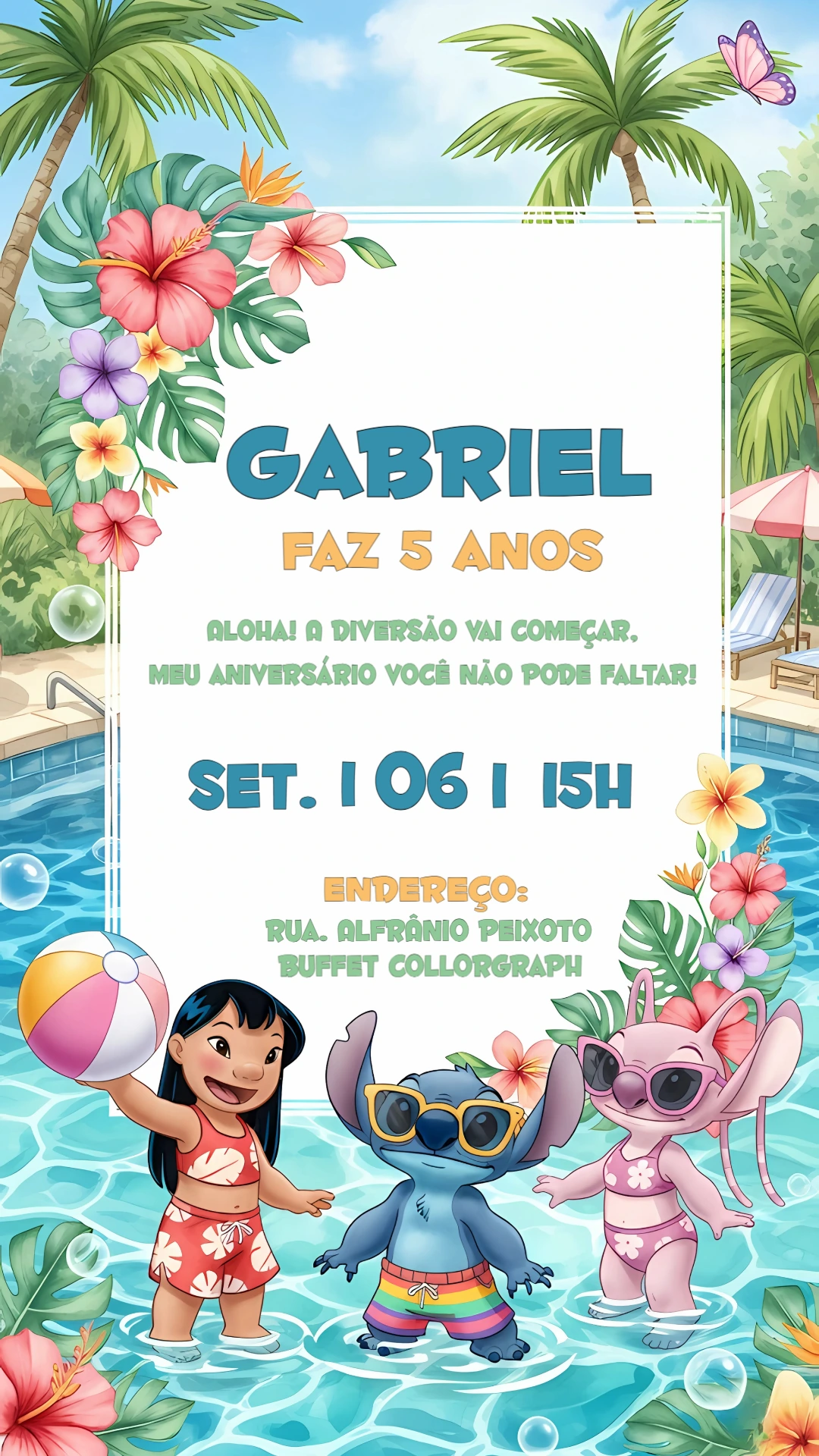 Convite Aniversário Lilo & Stitch Pool Party para Editar Online