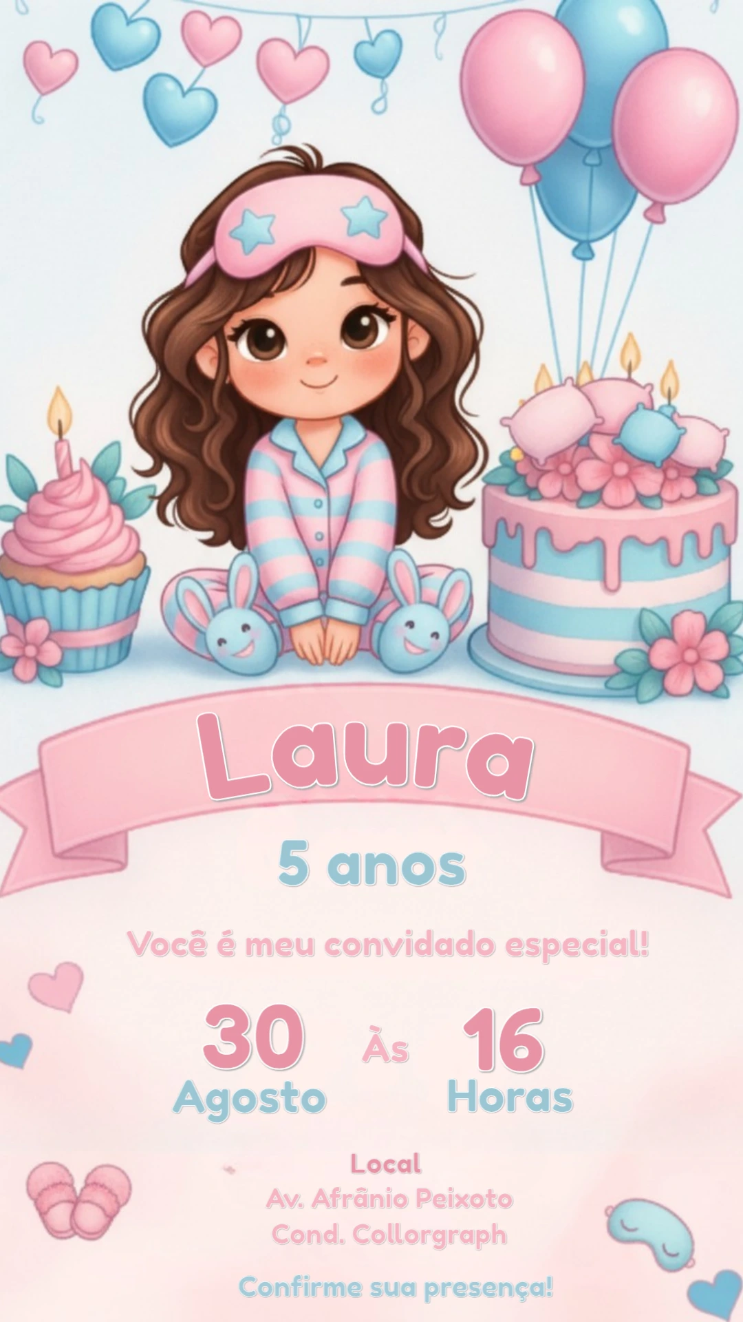 Convite de Aniversário Festa do Pijama Menina Editável