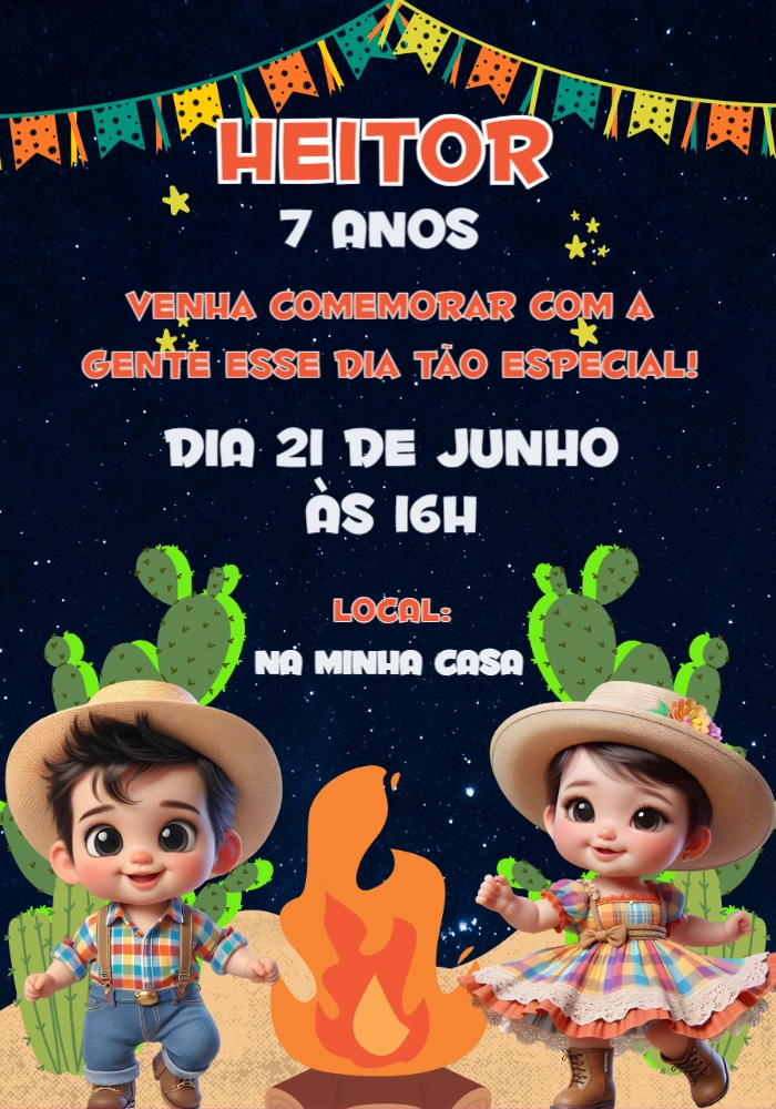 Convite Aniversário Festa Junina com Personagens para Editar