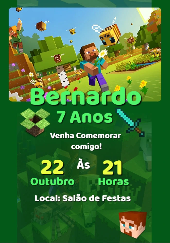 Convite de Aniversário Minecraft com Personagens para Editar