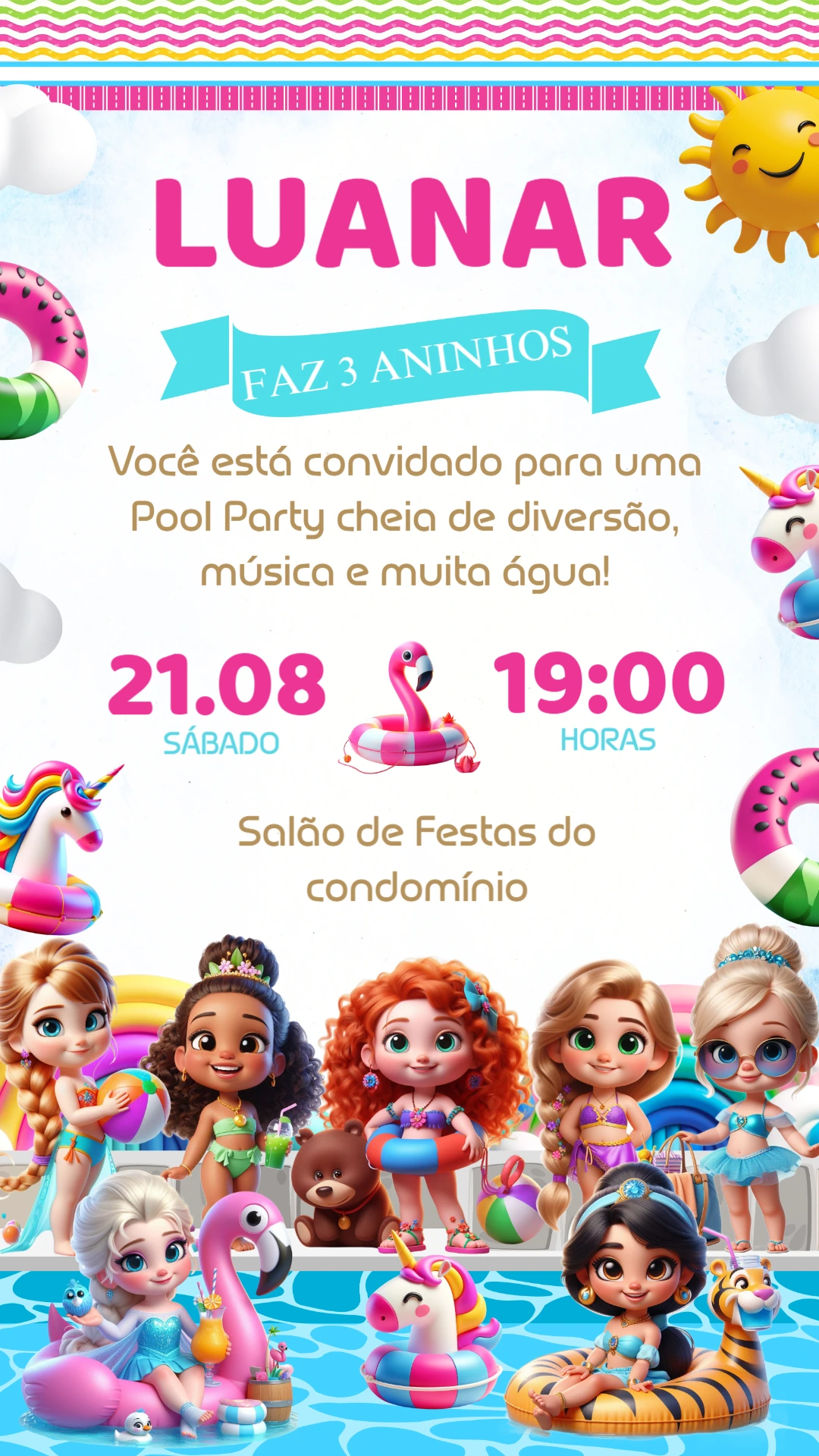 Convite Aniversário Pool Party Princesas para Editar Online