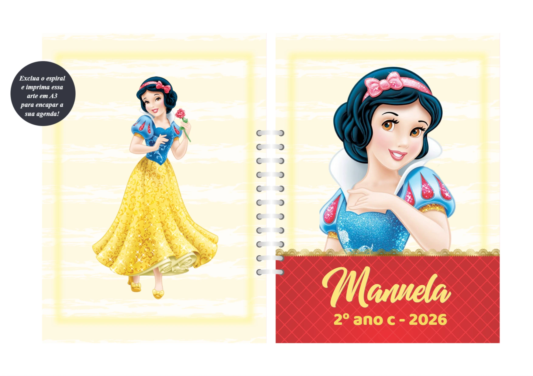 Capa de Agenda Branca de Neve Editável para Imprimir
