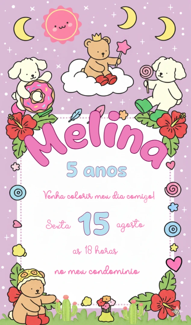 Convite de Aniversário Fofo com Bichinhos para Editar Online