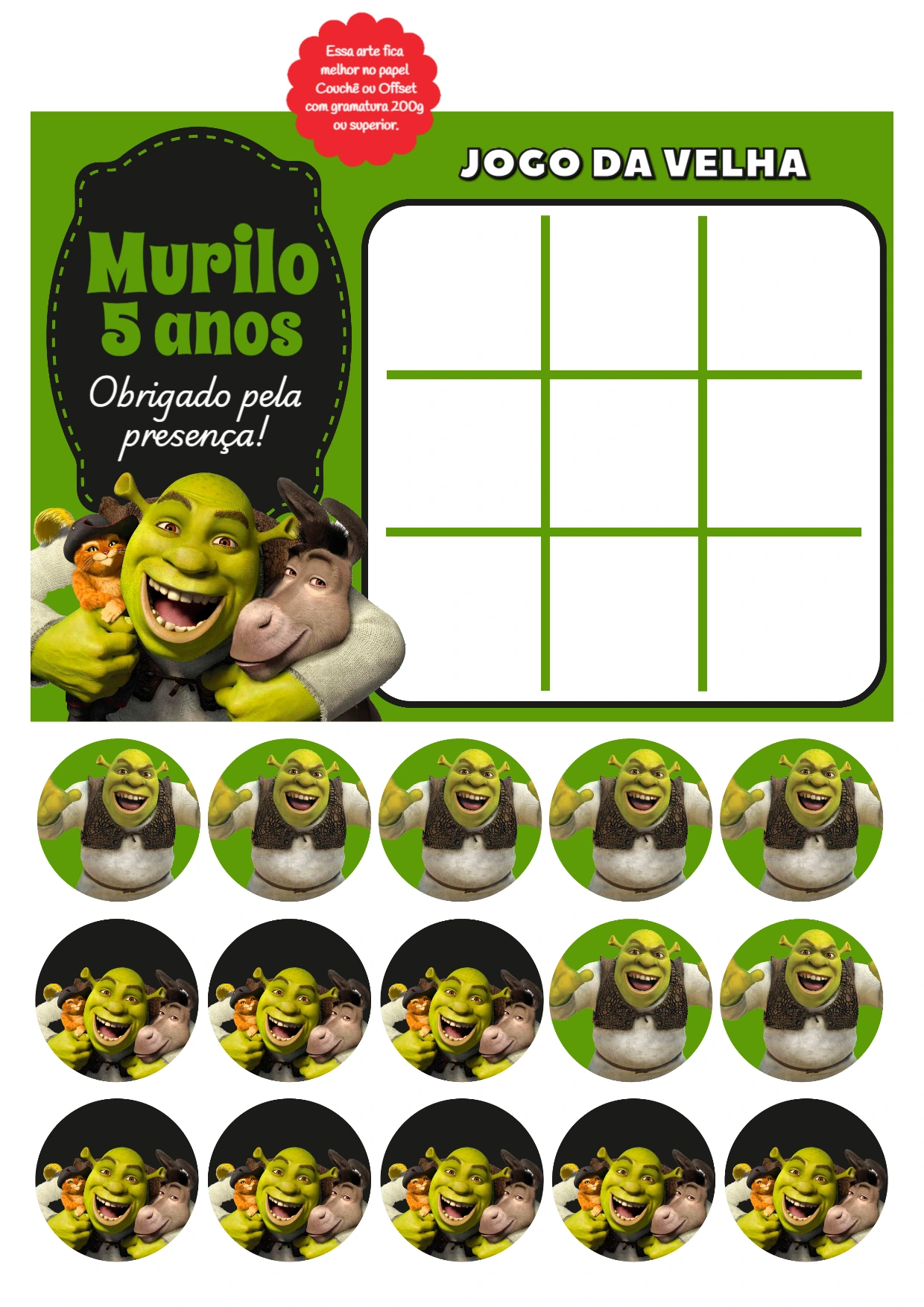 Lembrancinha Jogo da Velha Shrek Editável para Aniversário