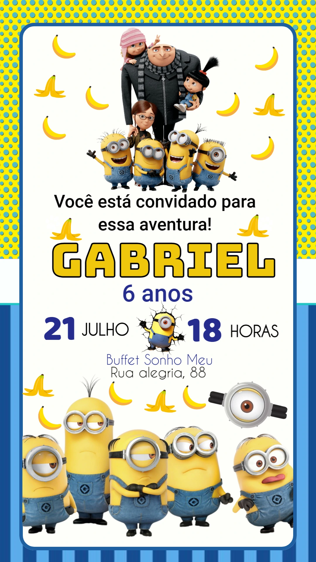 Convite de Aniversário Minions e Turma para Editar Online