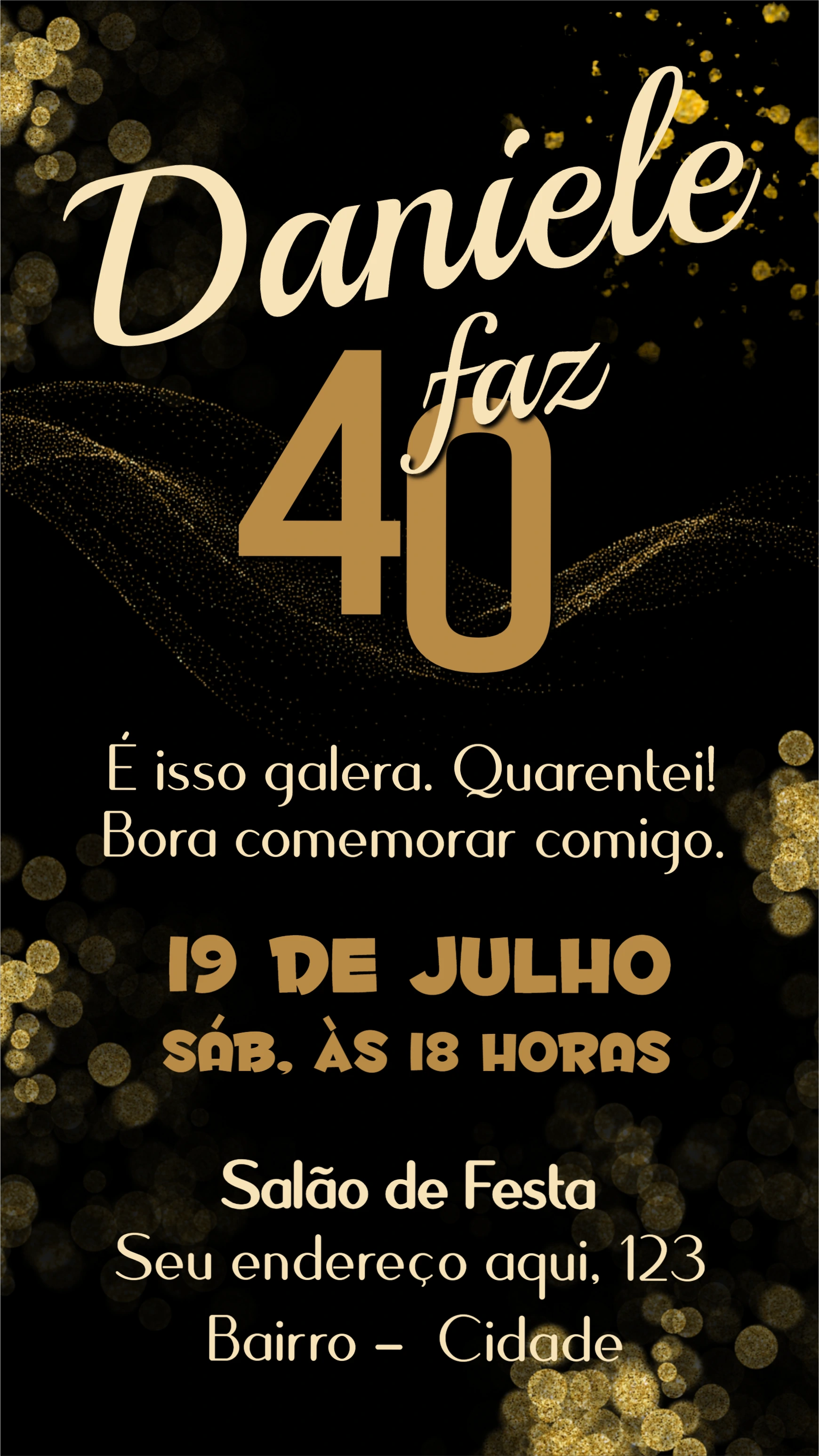 Convite de Aniversário Dourado e Preto Elegante para Editar