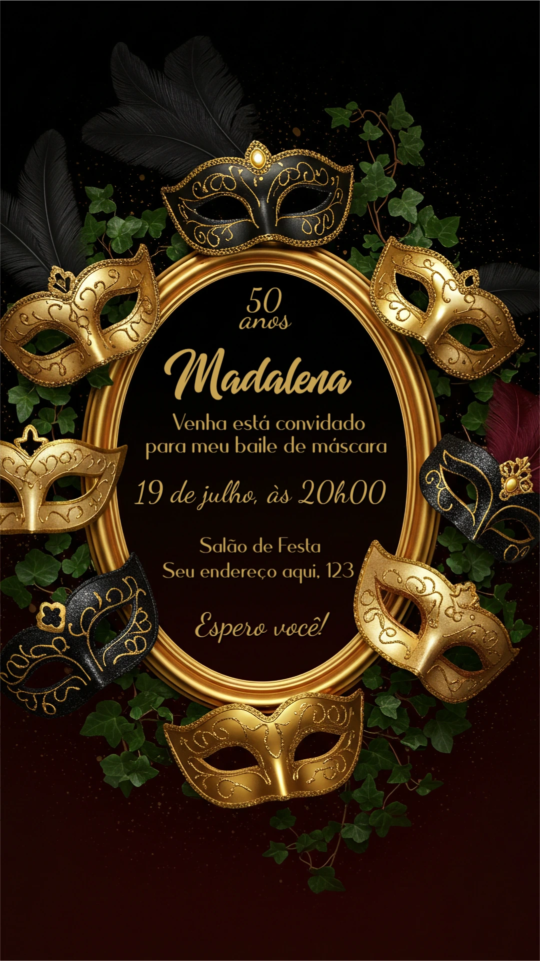 Convite Aniversário Baile de Máscaras Dourado para Editar