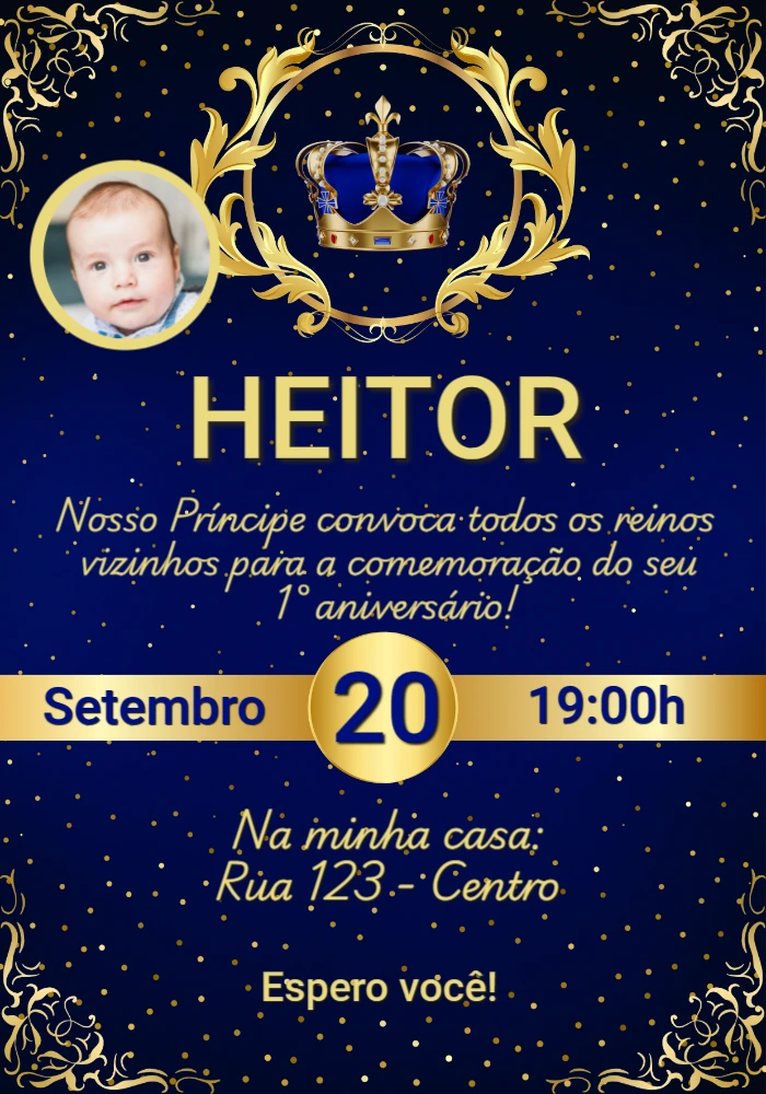 Convite Aniversário Príncipe Realeza com Foto para Editar Online