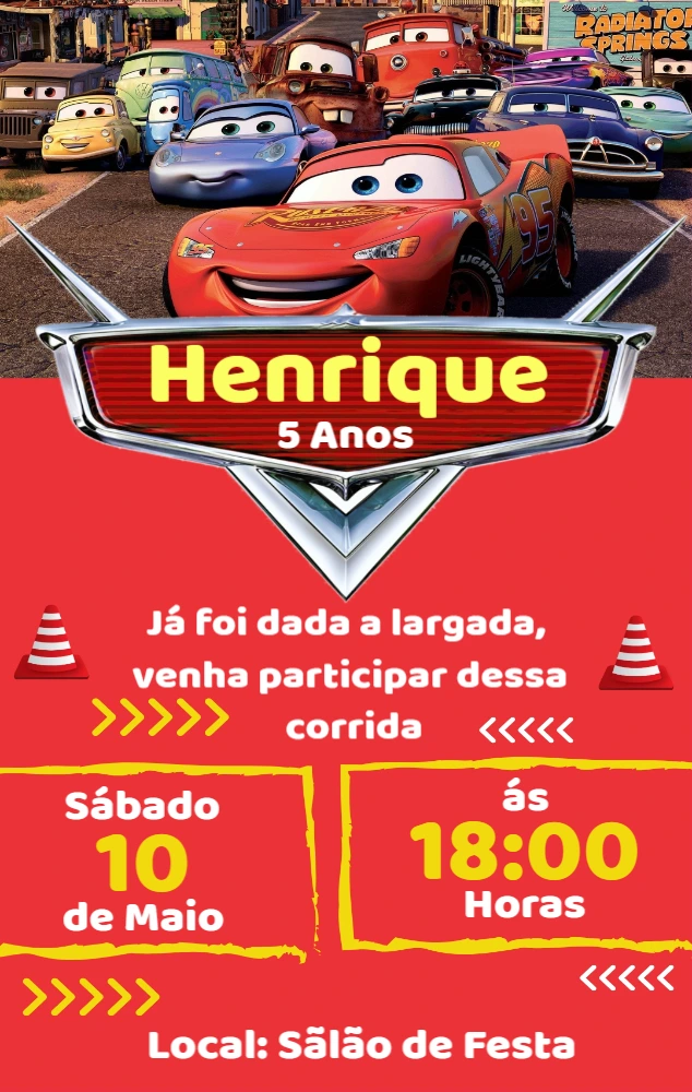 Convite de Aniversário Carros com Personagens para Editar Online