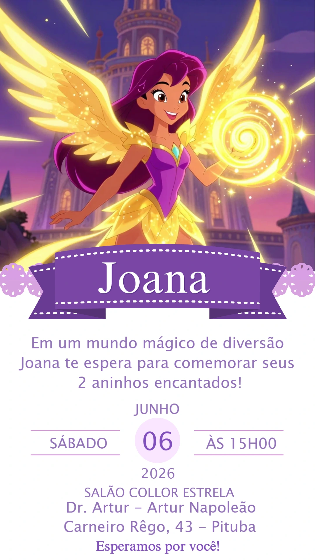 Convite de Aniversário Fada Mágica Roxo e Dourado para Editar