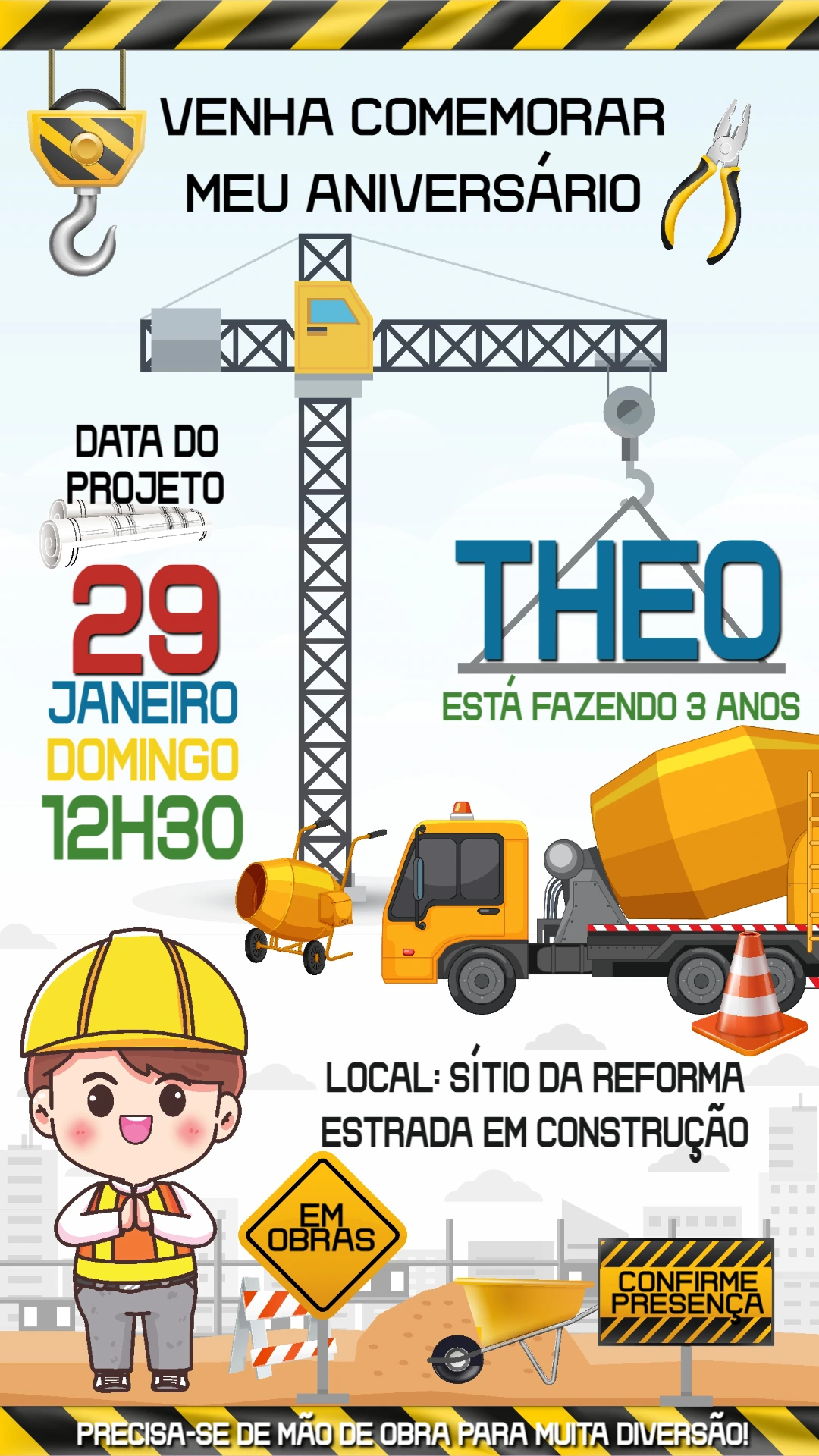 Convite de Aniversário Tema Obra e Construção para Editar