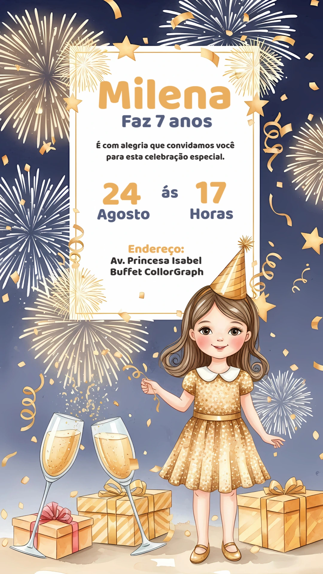 Convite de Aniversário Ano Novo Dourado para Editar Online