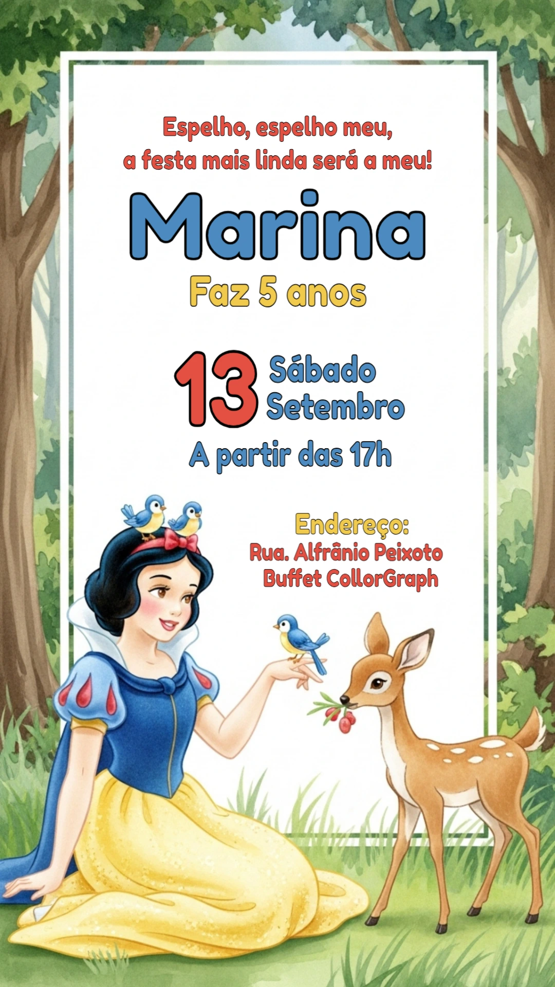 Convite Aniversário Branca de Neve Clássico para Editar Online