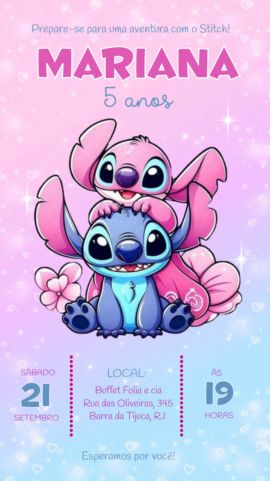 Convite de Aniversário Stitch e Angel Rosa e Azul para Editar