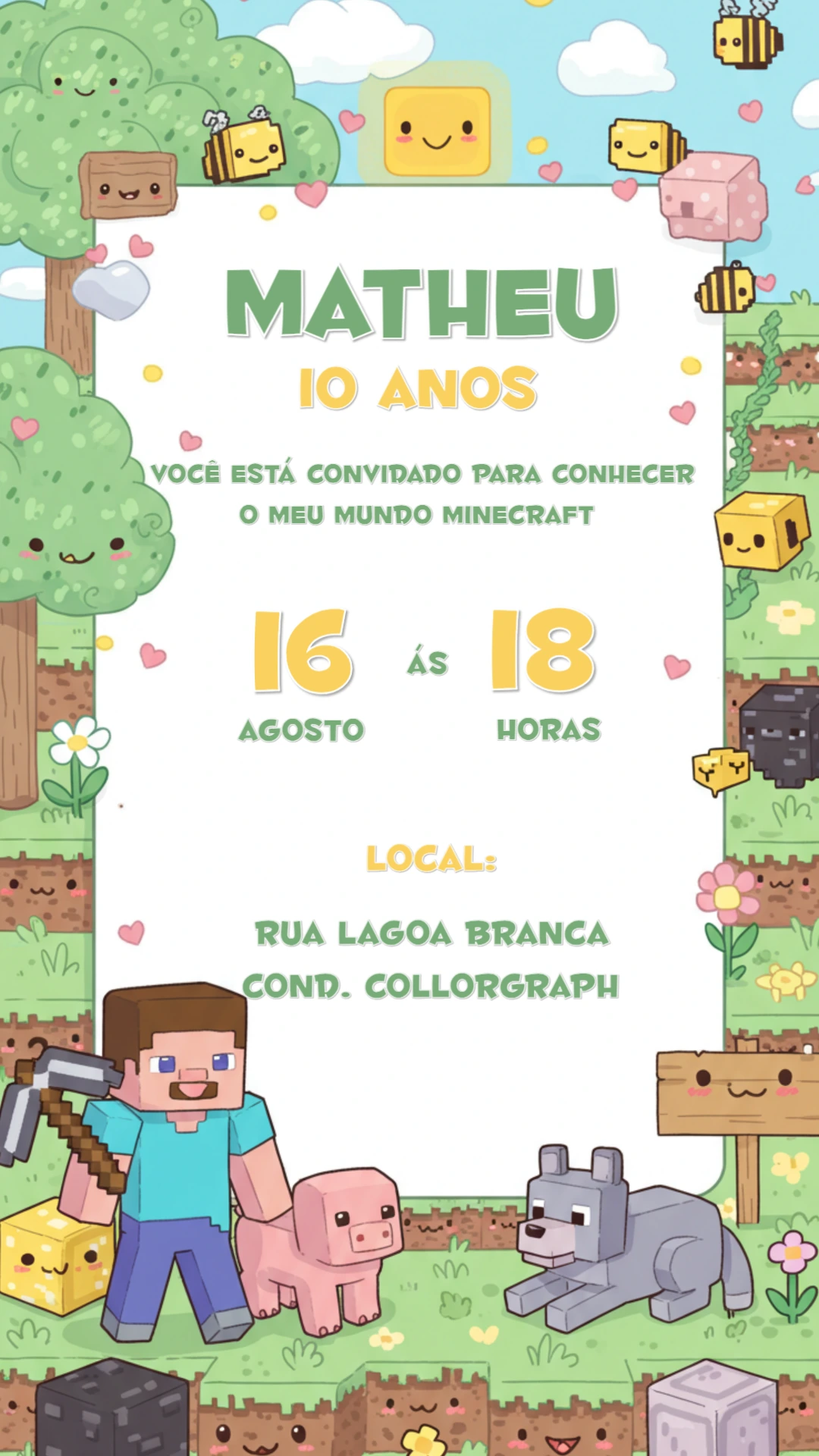 Convite de Aniversário Minecraft Fofo para Editar Online
