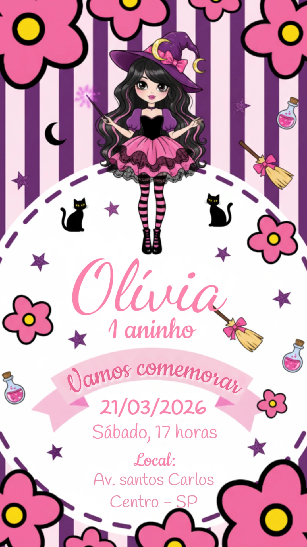 Convite de Aniversário Bruxinha Fofa Rosa e Roxo para Editar