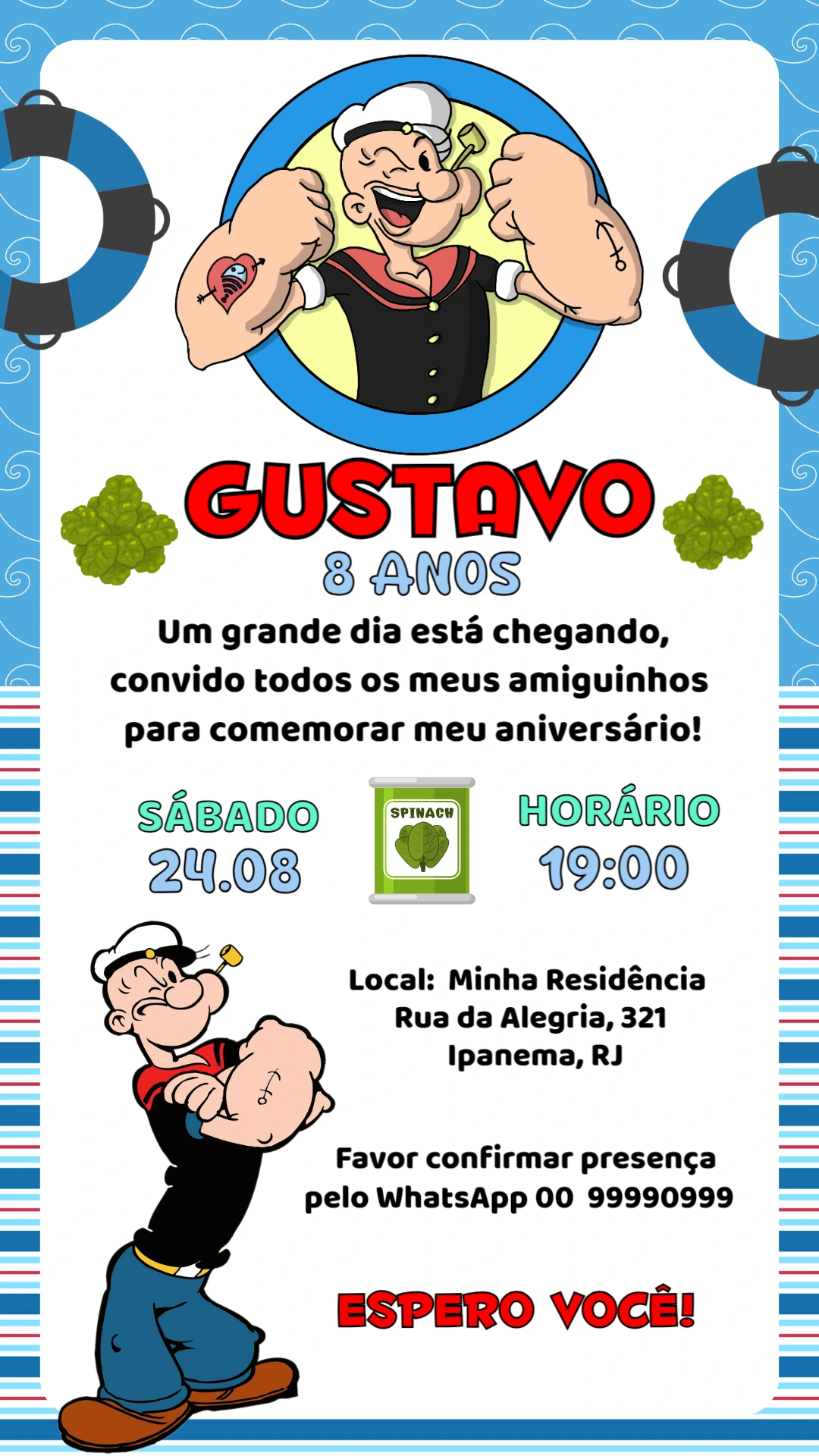 Convite de Aniversário Popeye para Editar Online