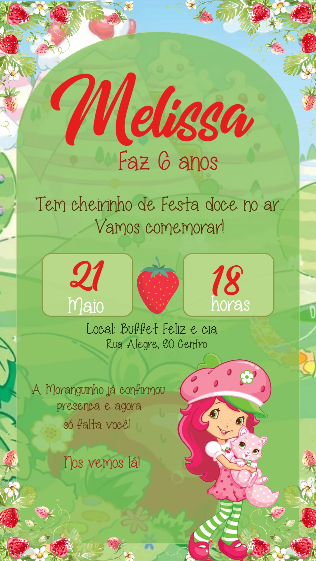 Convite Aniversário Moranguinho para Editar Online