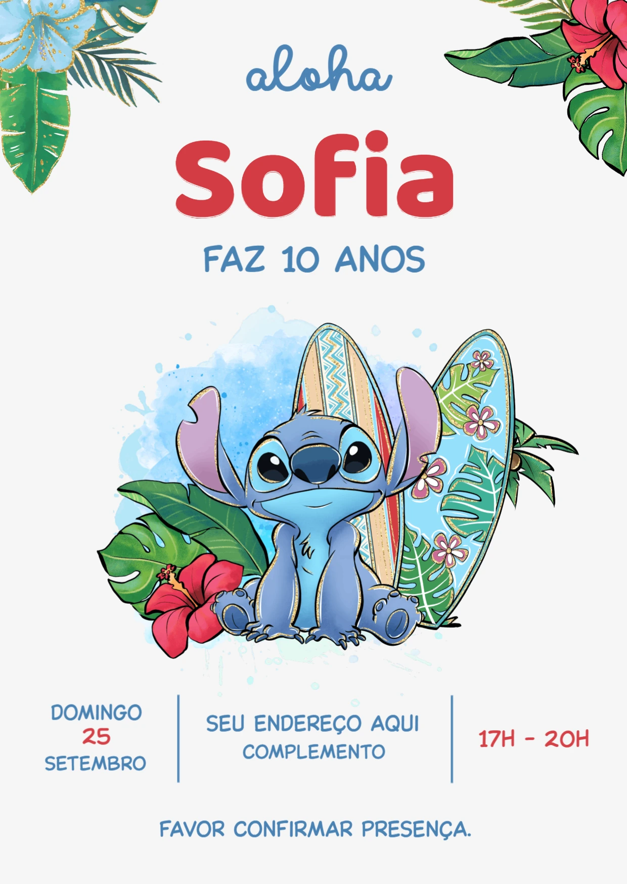 Convite de Aniversário Stitch Tropical para Editar Online