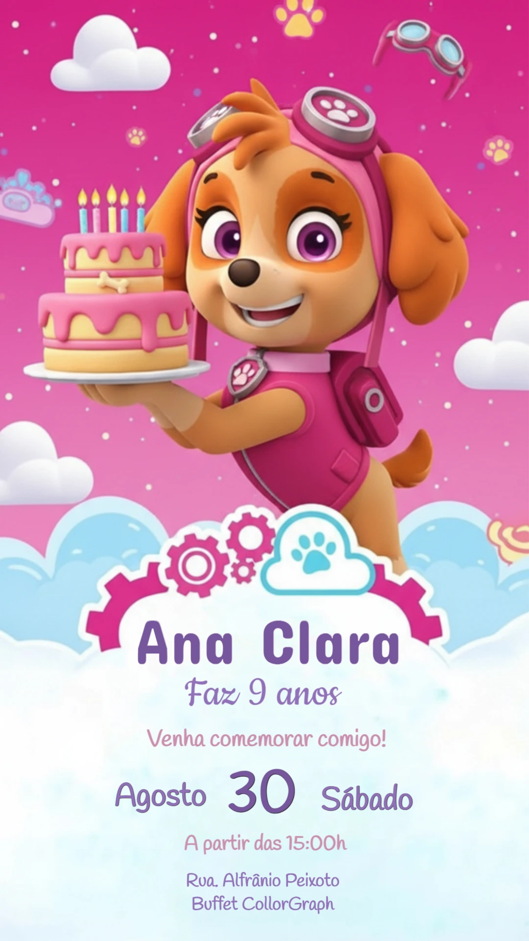 Convite de Aniversário Patrulha Canina Skye Rosa para Editar