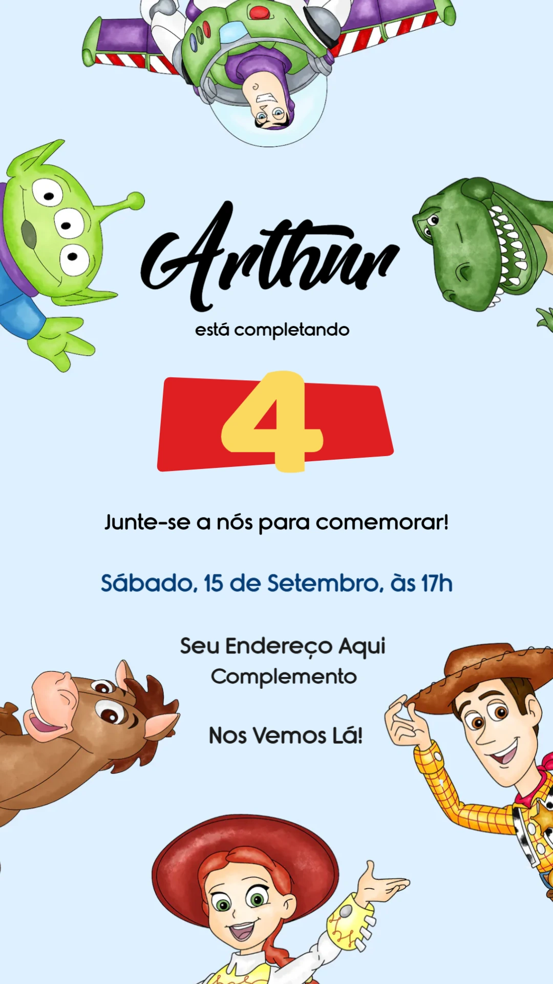 Convite Aniversário Toy Story com Personagens para Editar Online