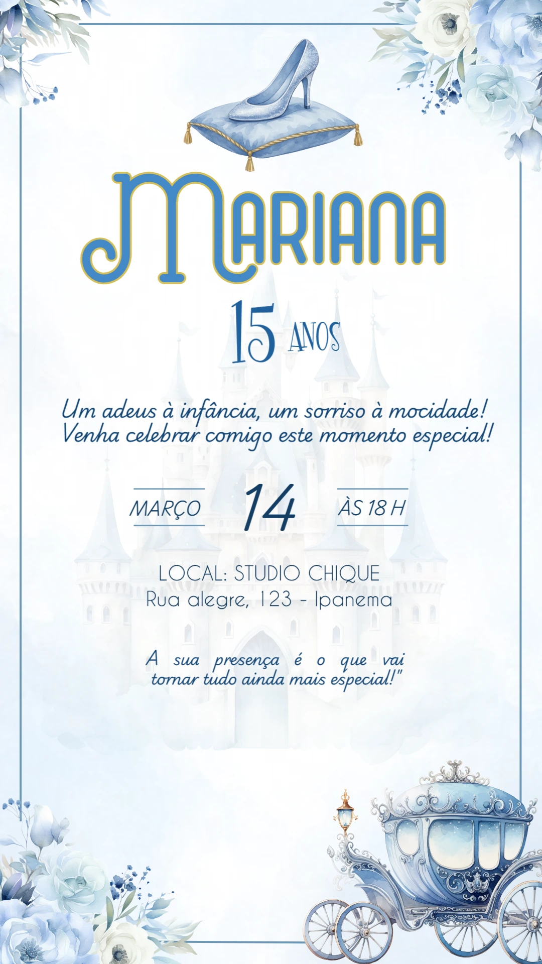 Convite 15 Anos Cinderela Princesa para Editar Online