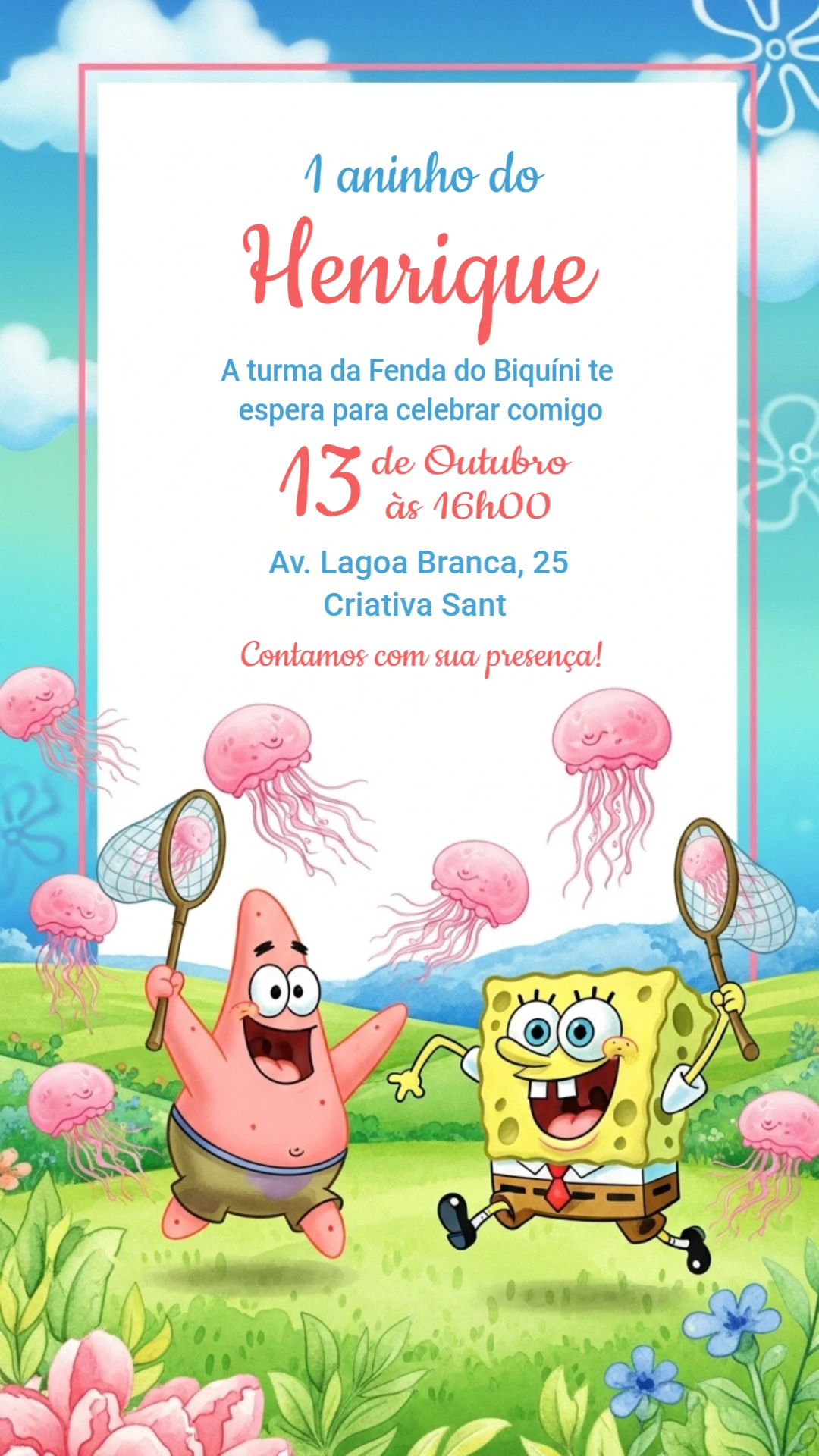 Convite Aniversário Bob Esponja e Patrick para Editar Online