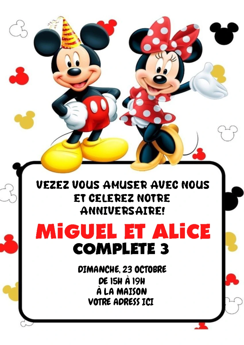 Invitation Anniversaire Mickey et Minnie à Éditer en Ligne