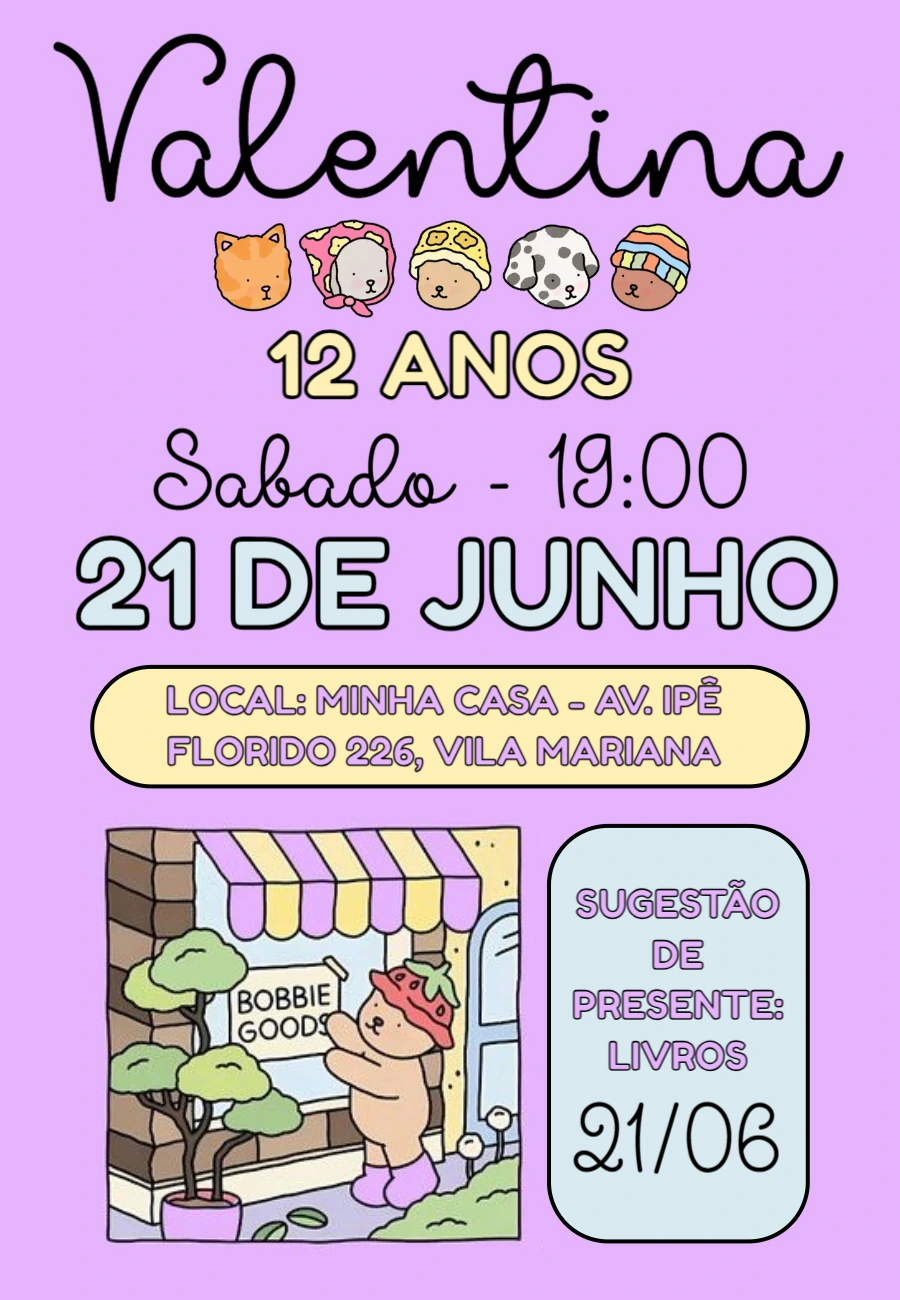 Convite de Aniversário Fofo com Bichinhos para Editar Online