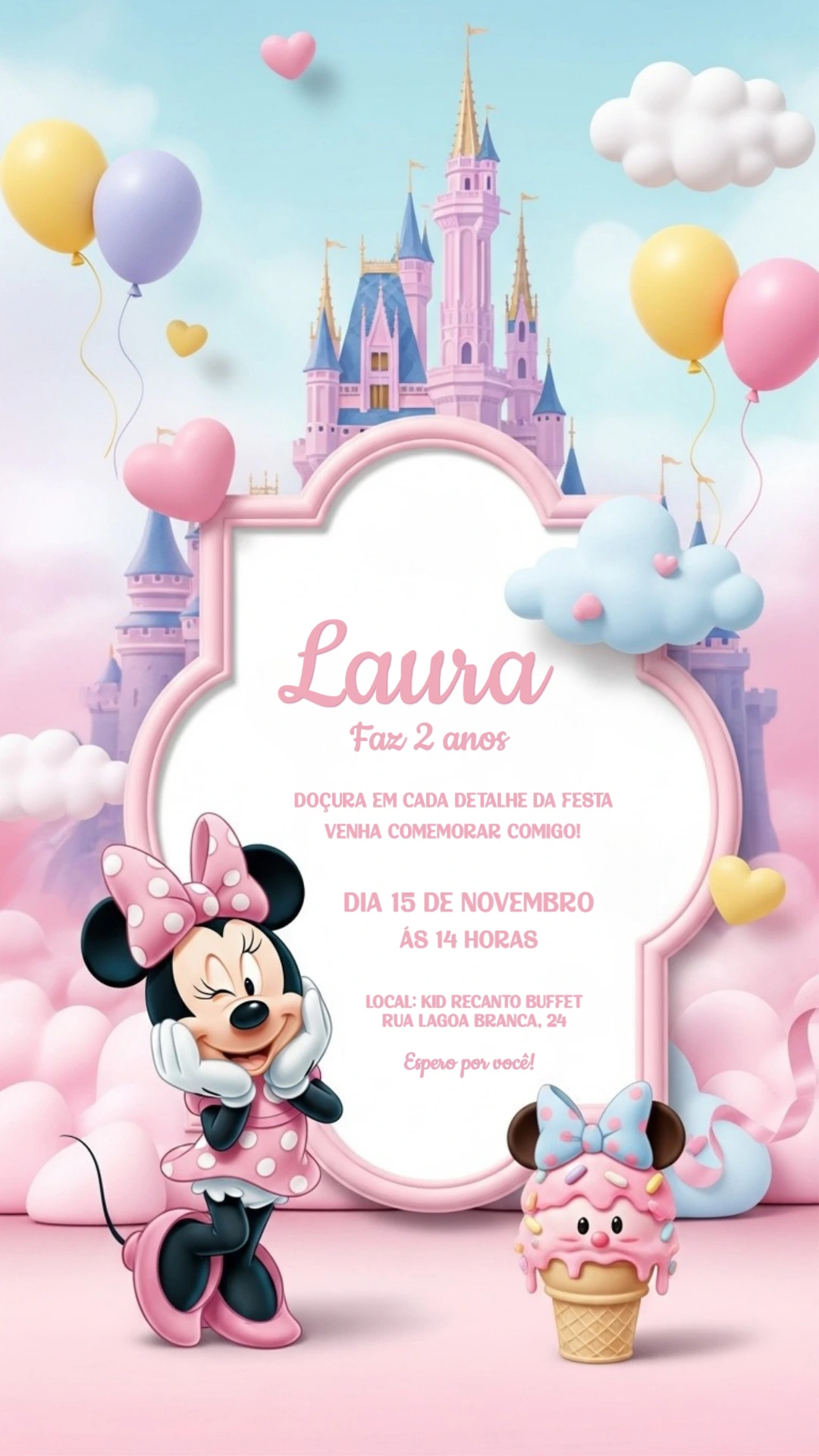 Convite de Aniversário Minnie Rosa e Castelo para Editar Online
