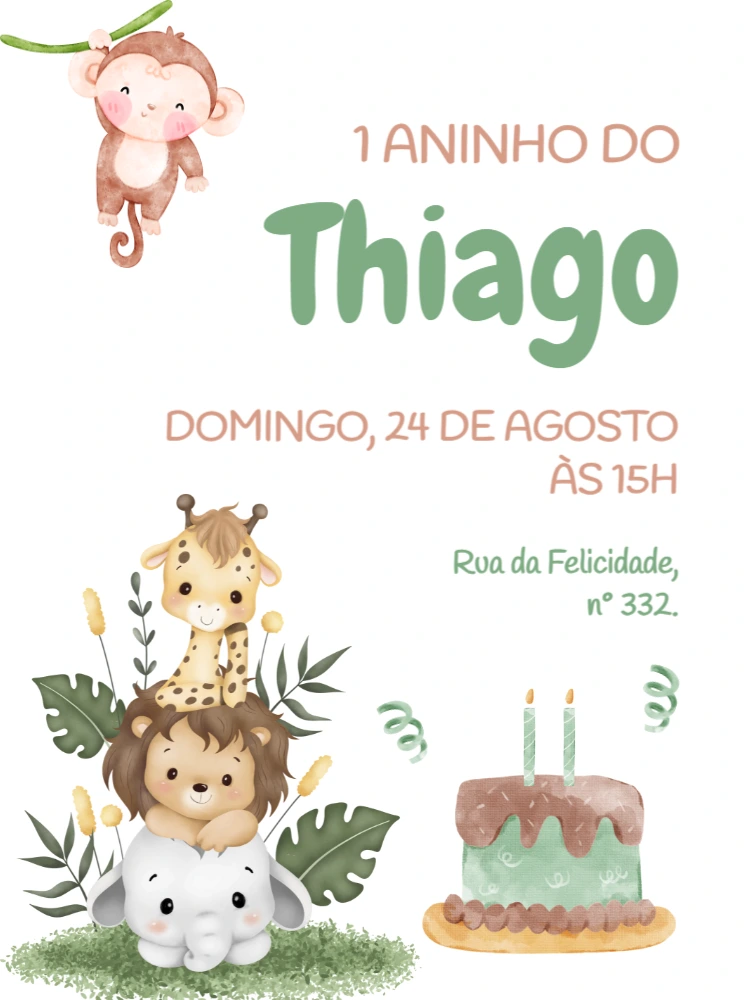 Convite Aniversário Safari Baby com Animais Fofos para Editar