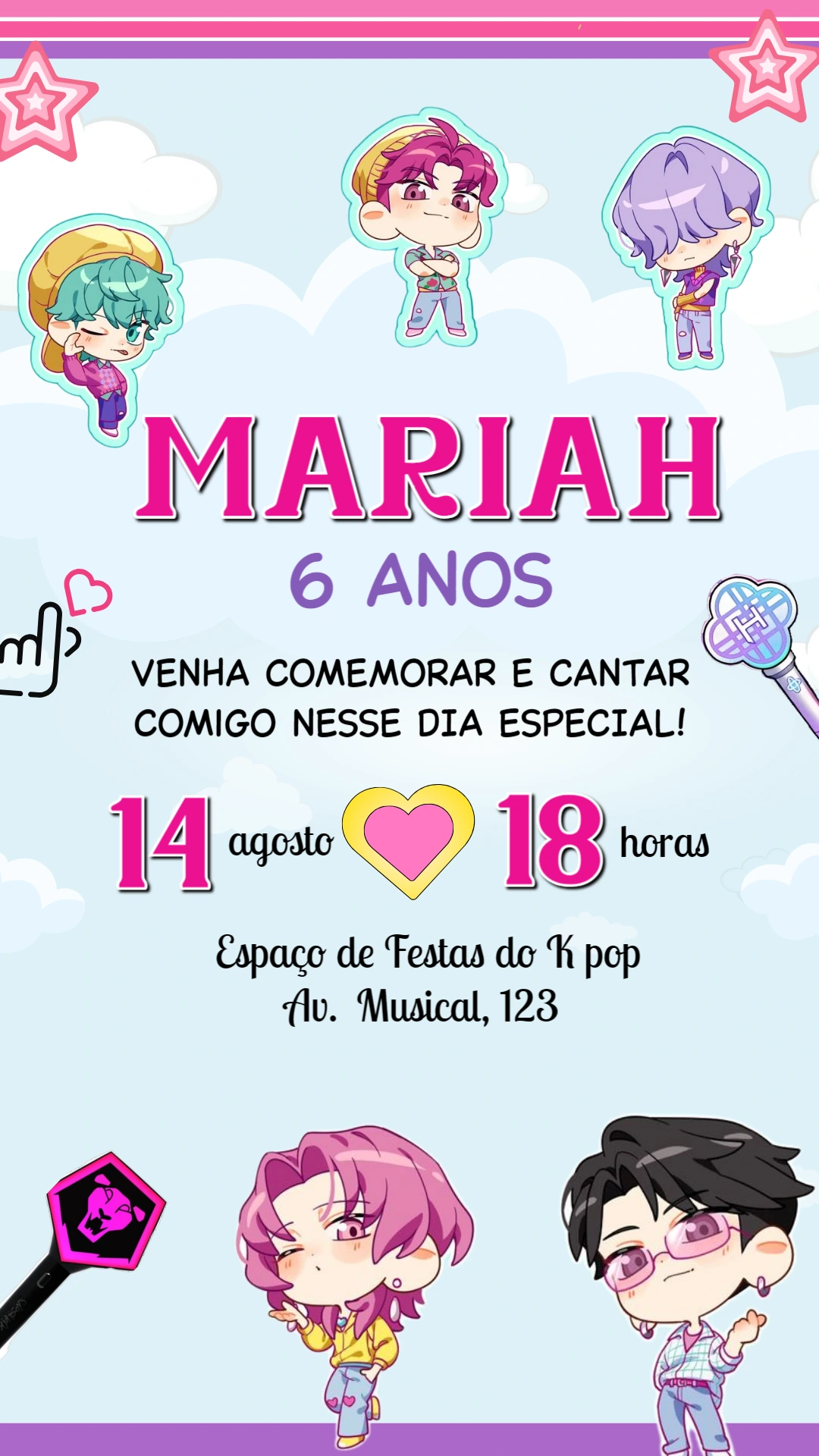 Convite de Aniversário K-Pop com Personagens para Editar Online