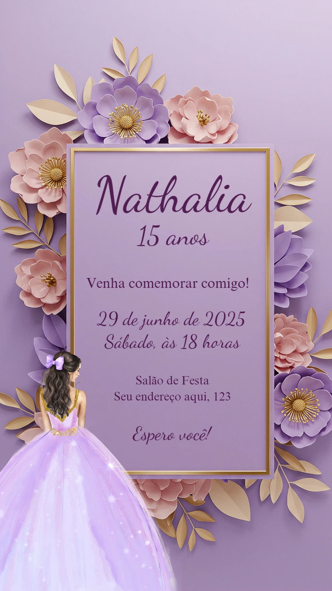 Convite de 15 Anos Lilás Floral com Princesa para Editar Online