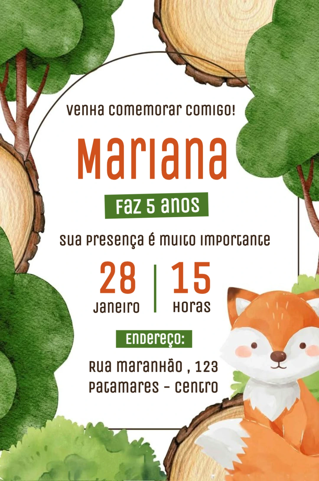 Convite Aniversário Raposa do Bosque para Editar Online