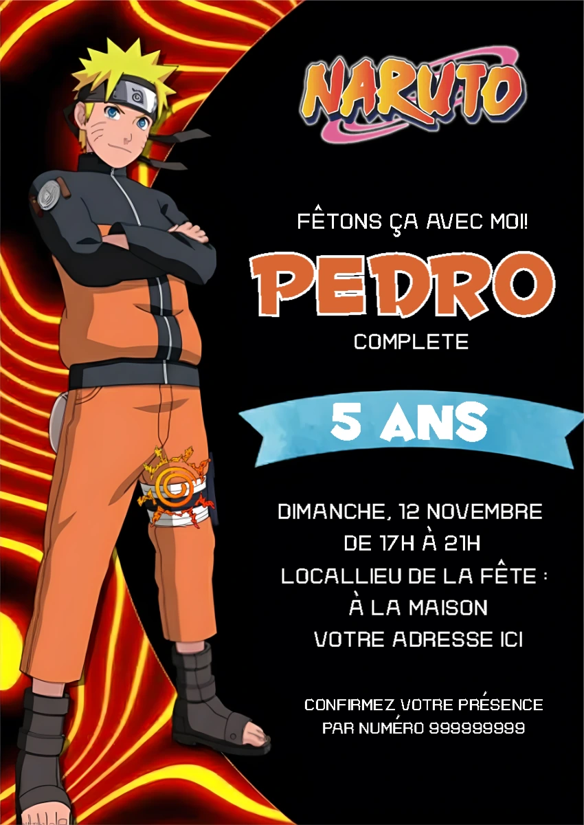 Invitation Anniversaire Naruto à Modifier en Ligne