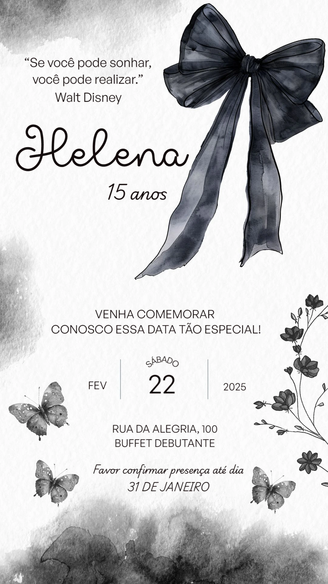 Convite de 15 Anos com Laço Preto para Editar Online