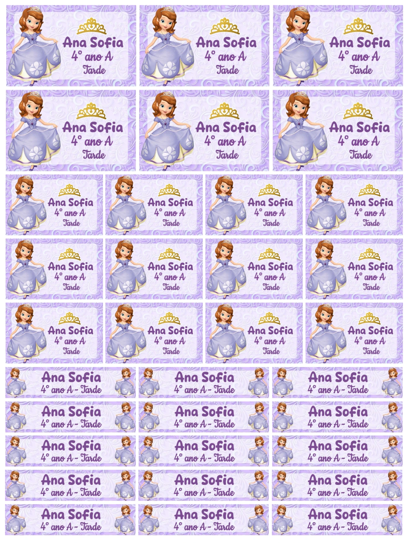 Etiquetas Escolares Princesa Sofia Lilás Modelo Editável