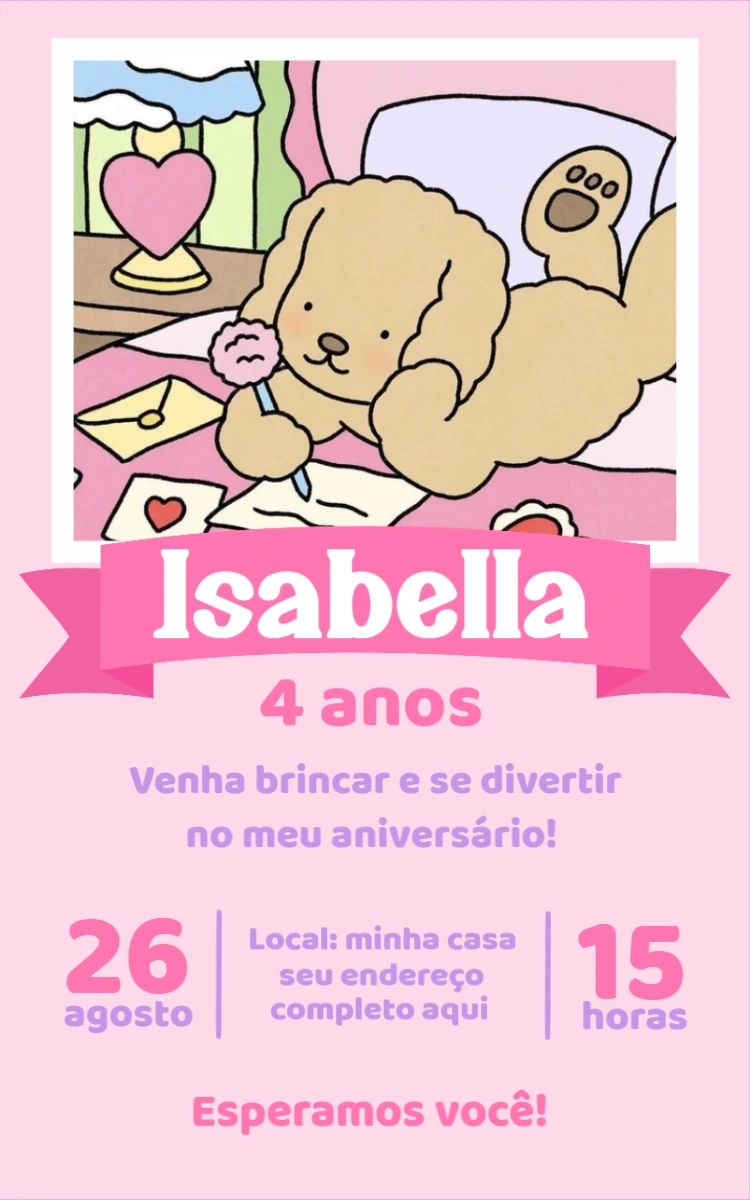 Convite de Aniversário Cachorrinho Fofo para Editar Online