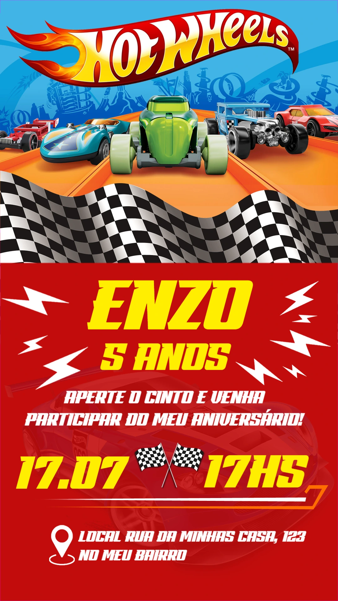 Convite Aniversário Hot Wheels para Editar Online Grátis