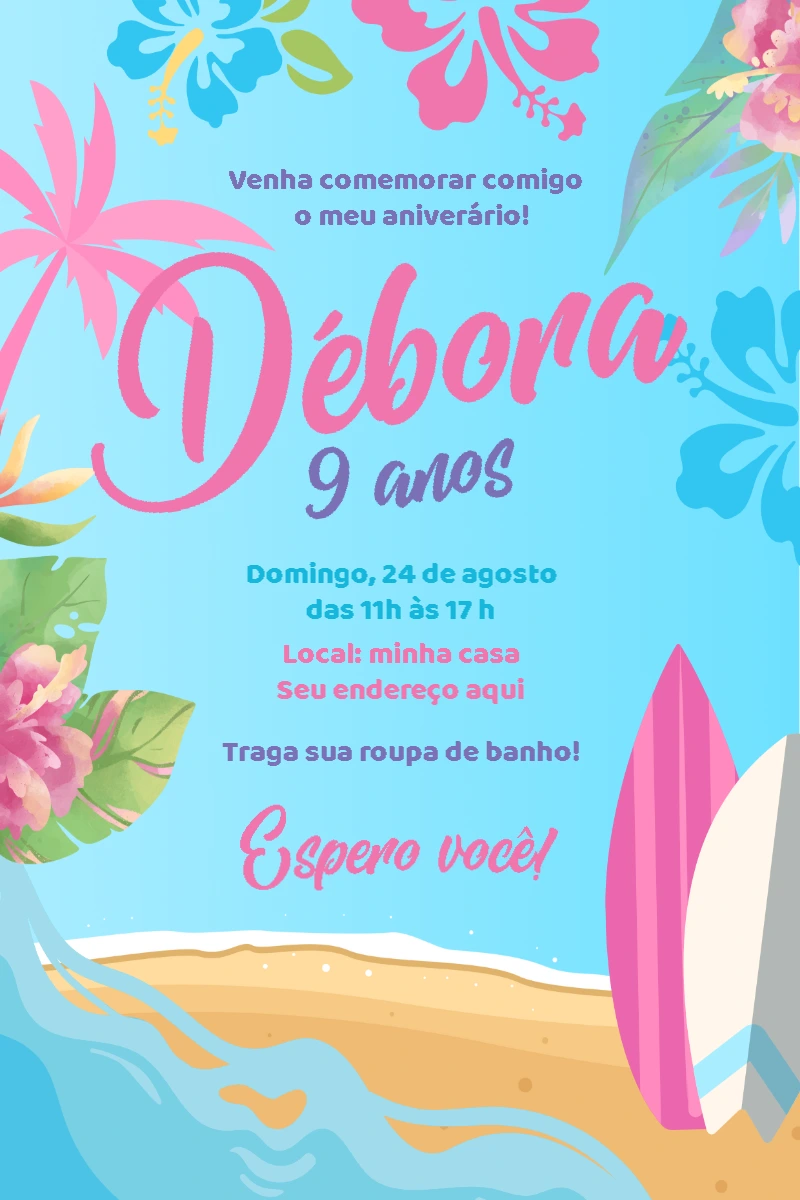 Convite de Aniversário Tropical Praia e Surf para Editar