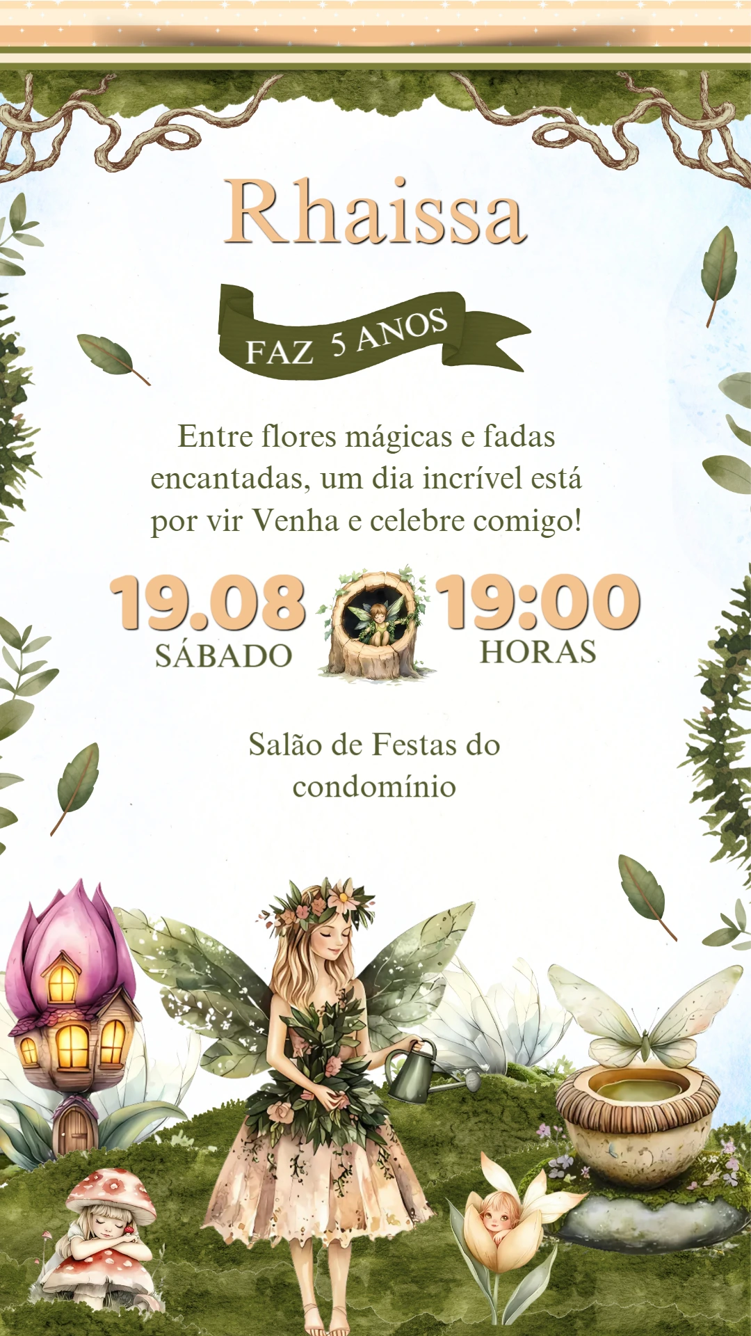 Convite Aniversário Jardim das Fadas Encantado para Editar Online