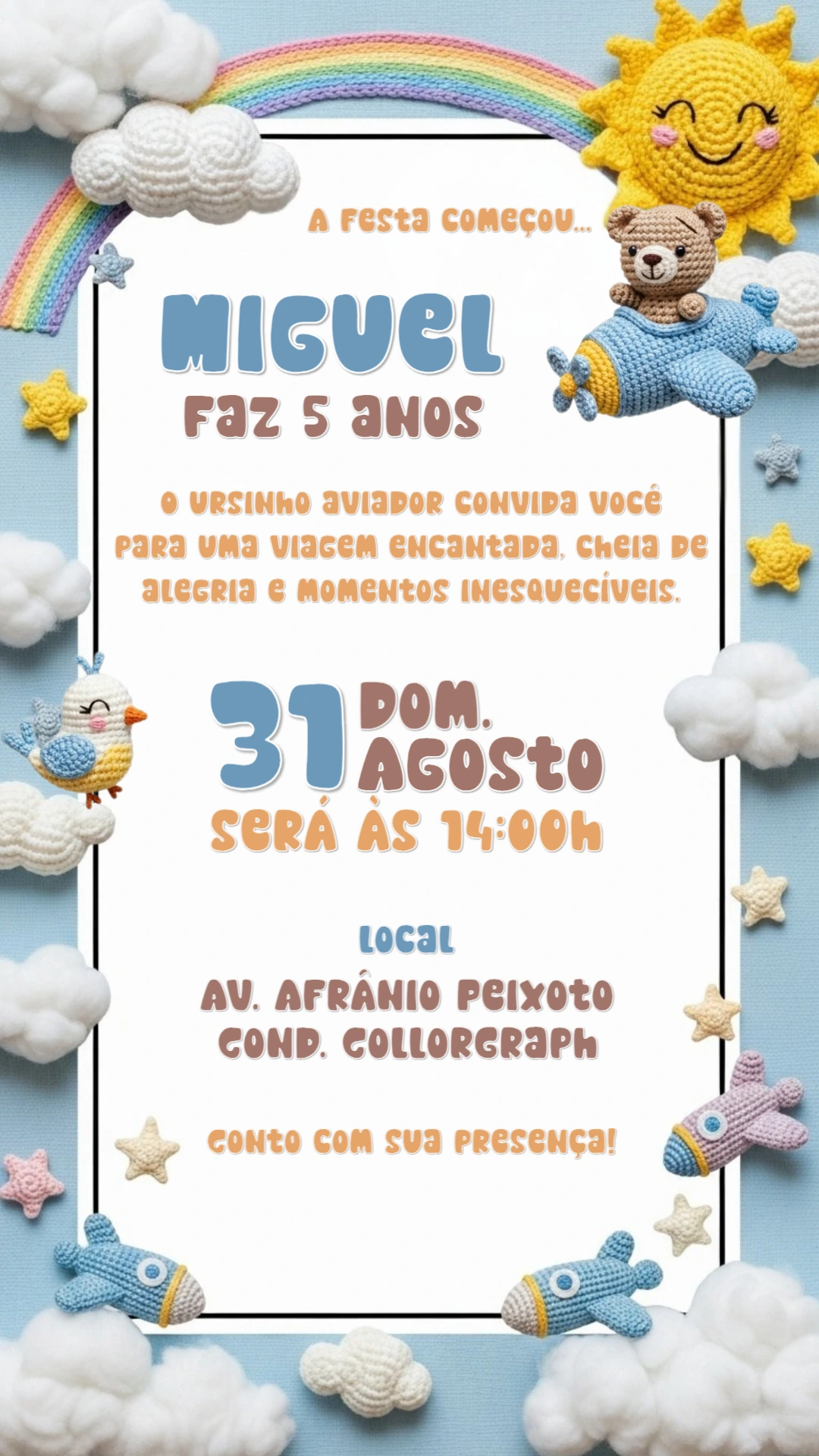 Convite Aniversário Ursinho Aviador para Editar Online